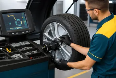 Profissional realizando balanceamento de rodas em uma borracharia em Porto Seguro.
