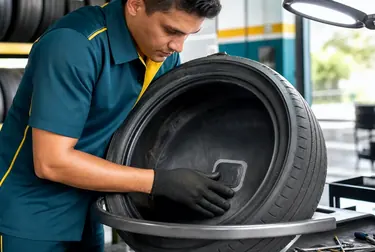 Profissional realizando conserto de pneus em uma borracharia em Porto Seguro.