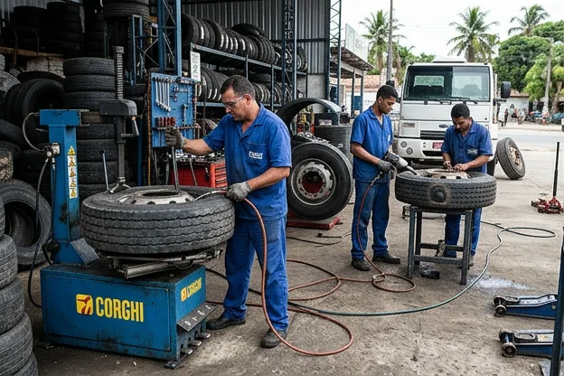 Profissional realizando manutenção em pneus em uma borracharia em Porto Seguro.
