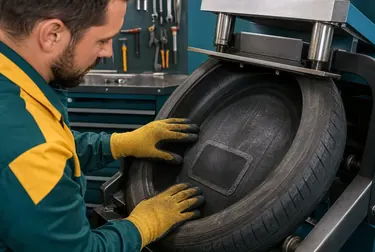 Profissional realizando vulcanização de pneus em uma borracharia em Porto Seguro.