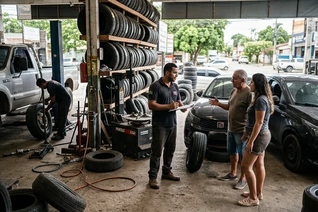 Vários tipos de pneus em uma borracharia em Porto Seguro, com profissionais ajudando clientes.